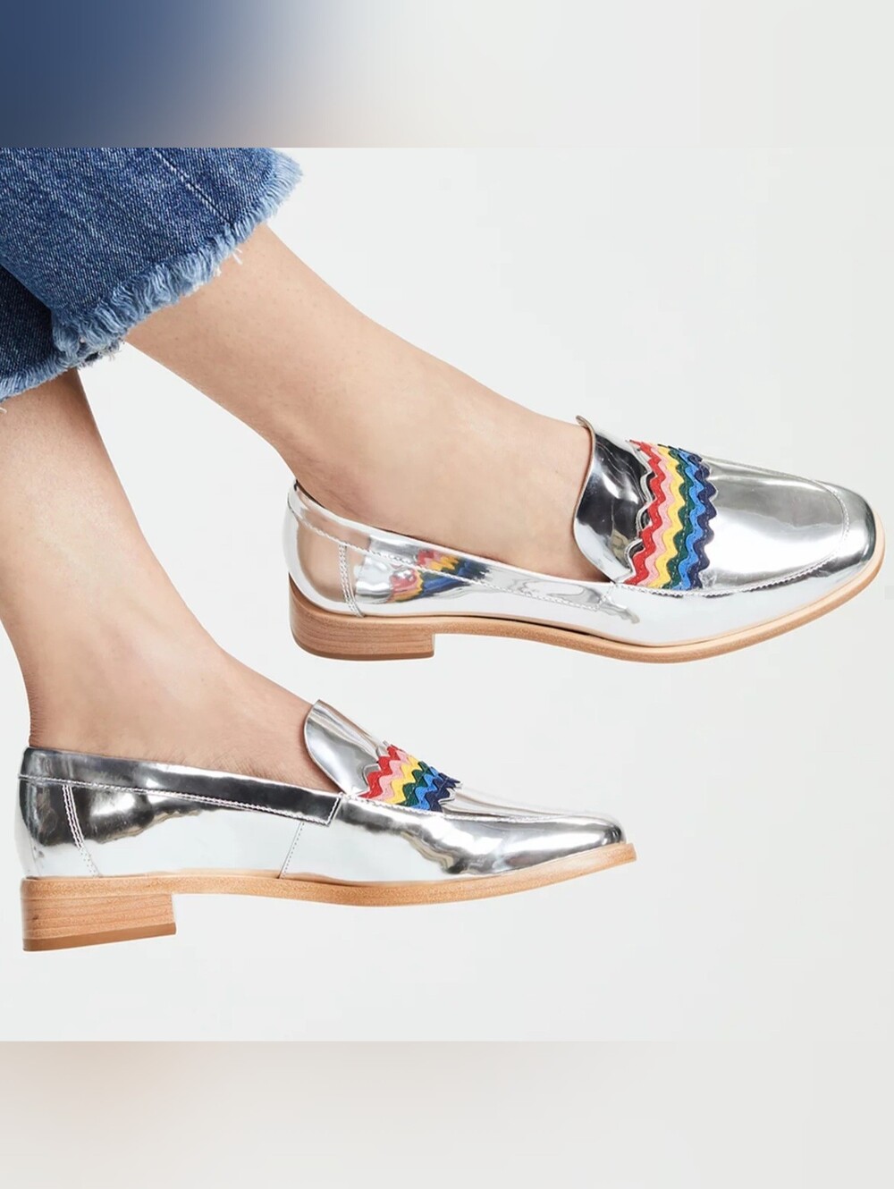 LOEFFLER RANDALL Greta Rainbow Metallic Silver Mirrored Genuine Leather Loafers